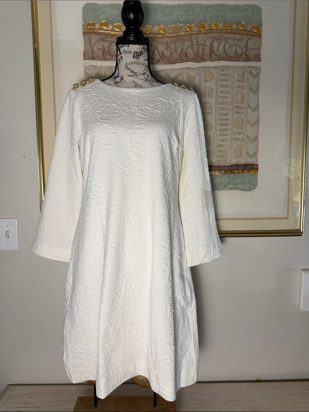 Lilly Pulitzer White Textured A-Line Dress with Gold Shoulder Accents